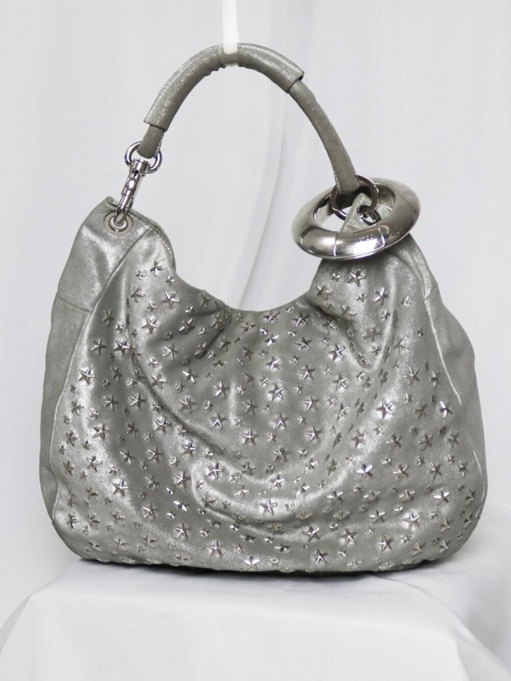 Jimmy Choo star studded metallic silver sky hobo bag